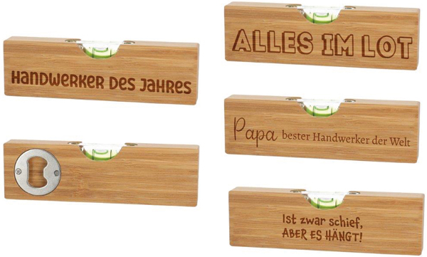 Wasserwaage mit Flaschenöffner Spruch, 4/s, 15x4,4cm Bambus/